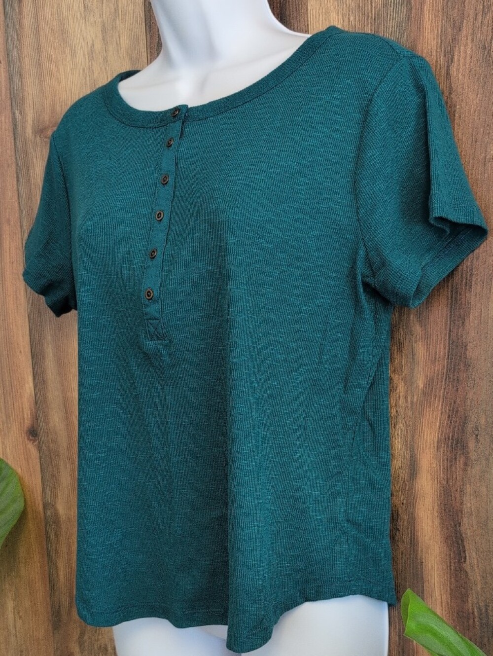 a.n.a Teal Short Sleeve Henley Ribbed Knit Top L T228